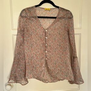 Sheer bell sleeve button down boho floral paisley blouse XS